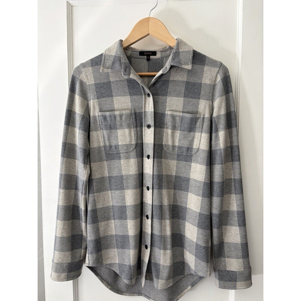 Quince Button Down Shirt Shacket Stretch Sweater Fleece Womens Small Gray Cream